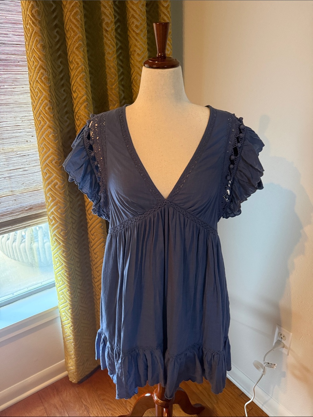 Anthropologie Navy Blue Ruffled V-Neck Dress with pockets.